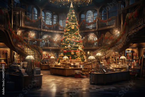 Festive Christmas Bookstore  Generative AI illustration