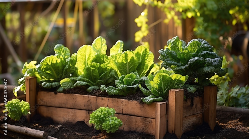 Wooden raised bed garden for vegetables and lettuce Wooden raised bed garden for vegetables and lettuce