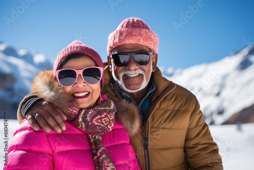 Senior couple in sweater on cold mountain, enjoying vacation