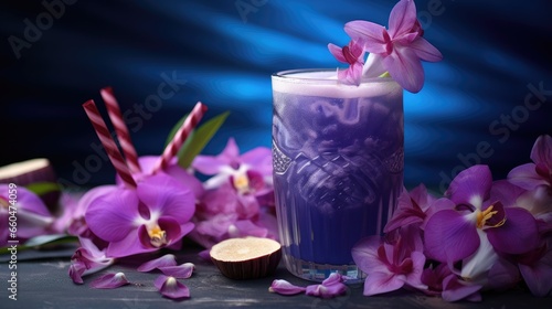 Summer drink with organic butterfly pea flower bloom adorned with red flower and lemongrass served alongside a paper straw