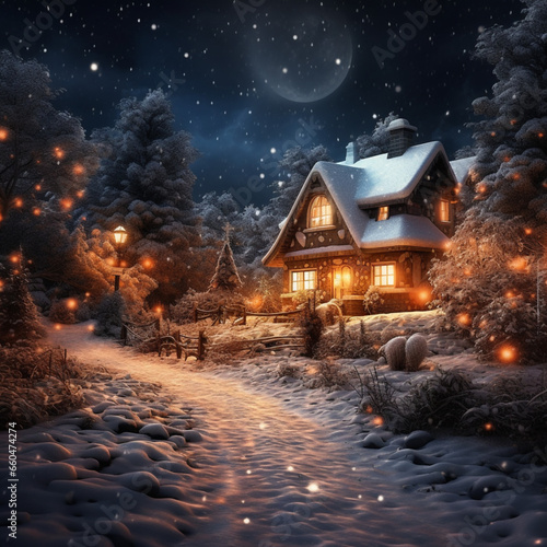 Starry night winter forest house, Al Generation