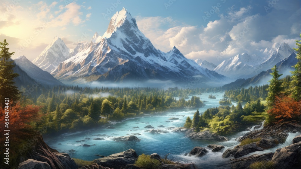 Stunning natural backdrop featuring mountains forest and river Stunning natural backdrop featuring mountains forest and river