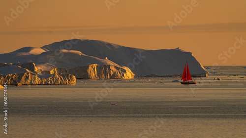 greenland red sail boat sunset