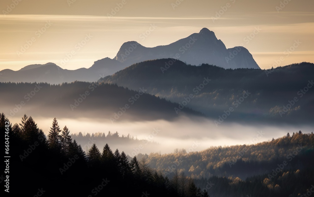 Fototapeta premium Mountains in the fog. AI, Generative AI