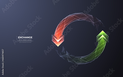 Abstract two arrows go round green and red in low poly technology style on a dark background. Currency exchange and money transfer concept. Digital recycle symbol. Vector polygonal illustration.
