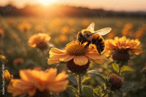 Closeup of bee collects honey on a yellow flower on a Sunny bright day. Macro horizontal photography. Nature. sunset, summer concepts
