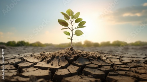 Transition from dry cracked land experiencing drought to fertile organic soil with a thriving young plant as a composite