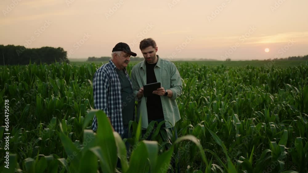 Agribusiness Concept, Young Adult Agronomist And Aged Farmer Discussing Future Harvest Agribusiness Concept, Young Adult Agronomist And Aged Farmer Discussing Future Harvest