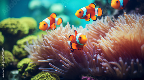  Clownfish or anemonefish nestled among the coral branches of a vibrant reef, ai generative