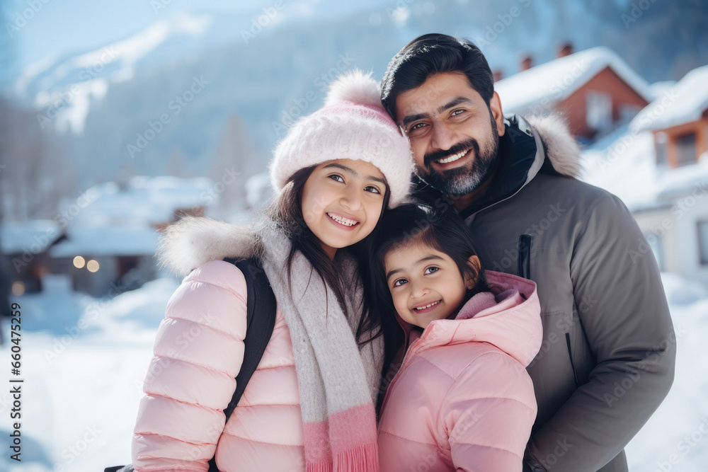 happy family enjoying vacation at cold mountain