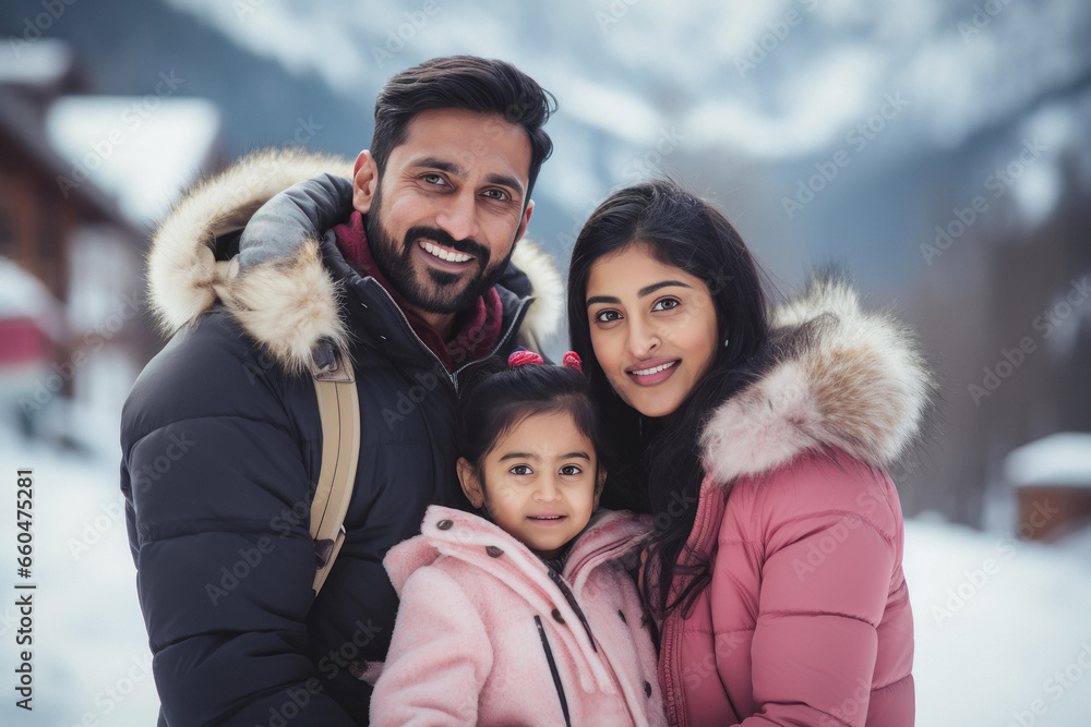 happy family enjoying vacation at cold mountain