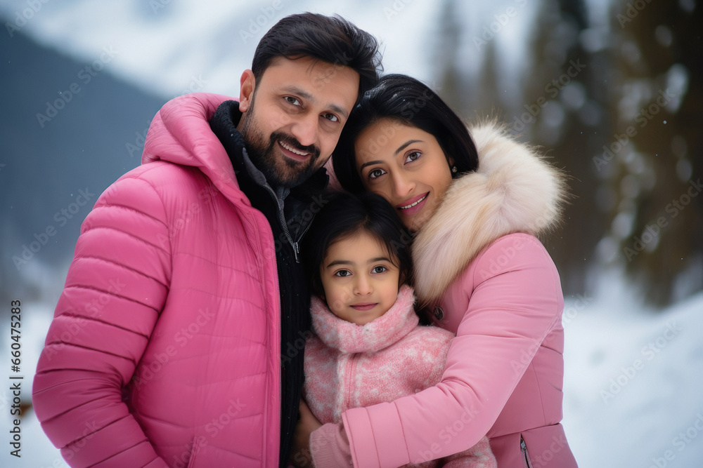 happy family enjoying vacation at cold mountain