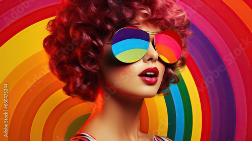 Retro style contemporary art collage featuring a vinyl record female mouth rainbow path and red background Captures concepts of art music fashion party and creativity Suitable for advertisement