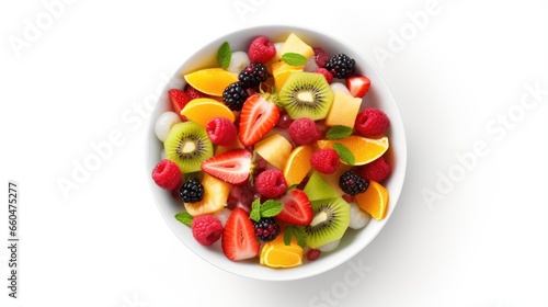 Top view of fruit salad in a bowl on a white background