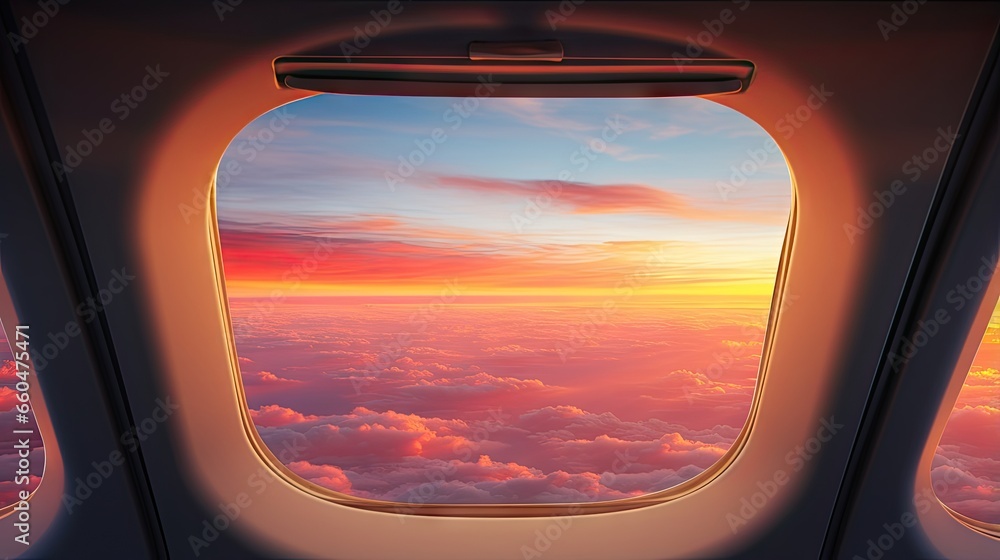 Sunset sky and wing seen from airplane window Sunset sky and wing seen from airplane window