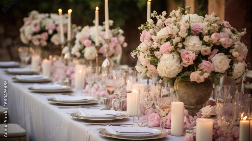 Pink and white decorations for an elegant wedding dinner in Italy with flowers candles and an intimate outdoor setting