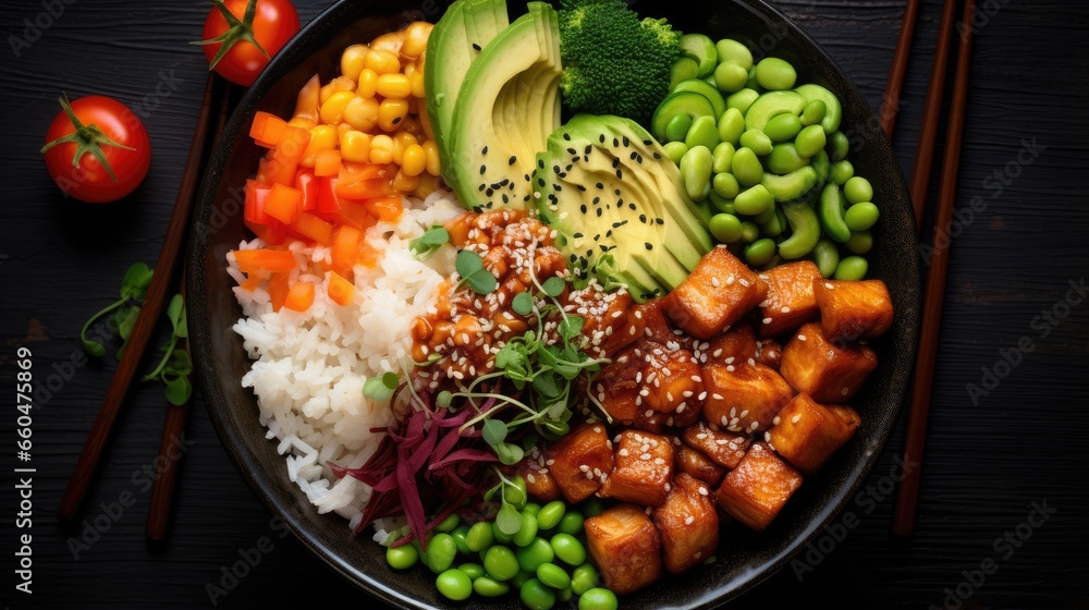 Tofu brown rice beans and vegetables in a vegan poke bowl seen from above