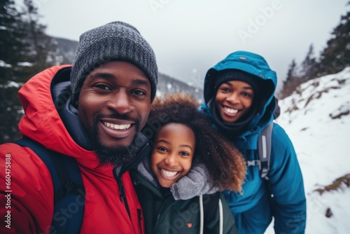 Group portrait of a young family hiking in the mountains