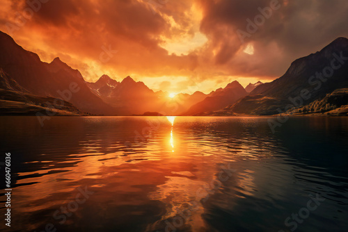 Sunrise on a lake with mountains in background