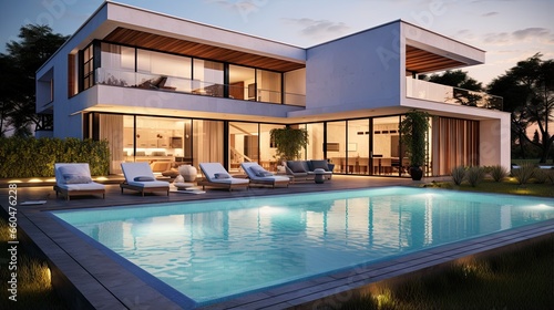 Modern house design rendered in 3D with a pool