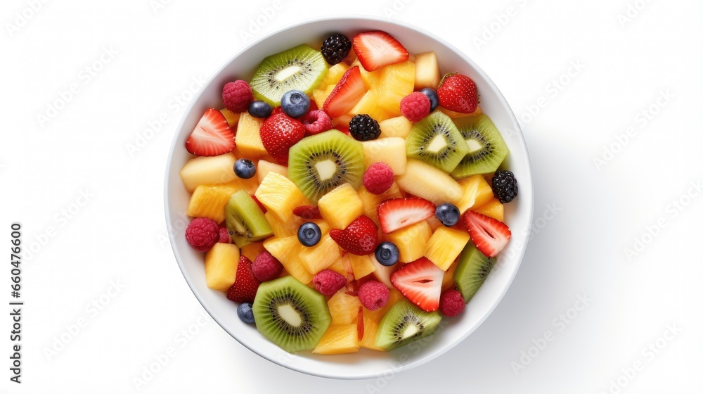 Top view of fruit salad in a bowl on a white background