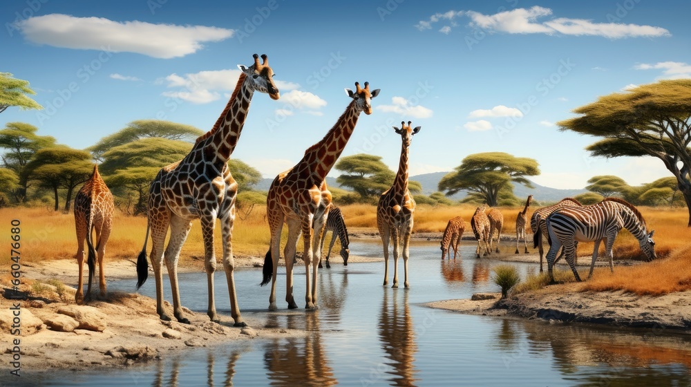 Wild animals spotted in Kenya on safari reticulated giraffes and zebras at waterhole - obrazy, fototapety, plakaty 