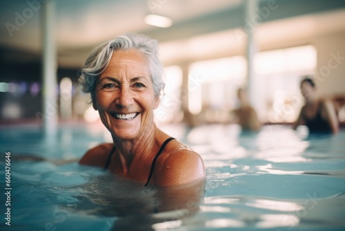Portrait of a happy senior woman in a indoor pool © Geber86