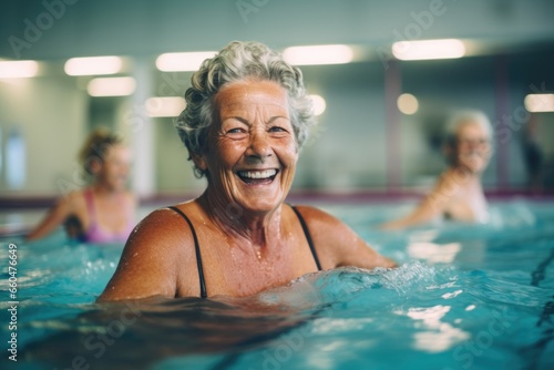Portrait of a happy senior woman in a indoor pool