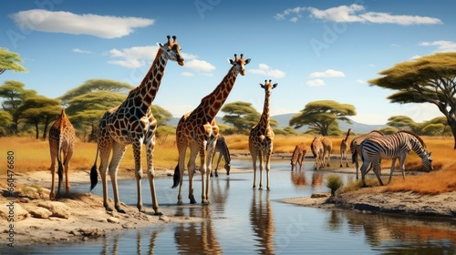 Wild animals spotted in Kenya on safari reticulated giraffes and zebras at waterhole