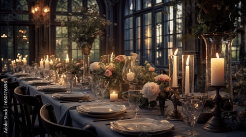 White clothed banquet tables in the old house hall display floral arrangements candles plates glasses and cutlery