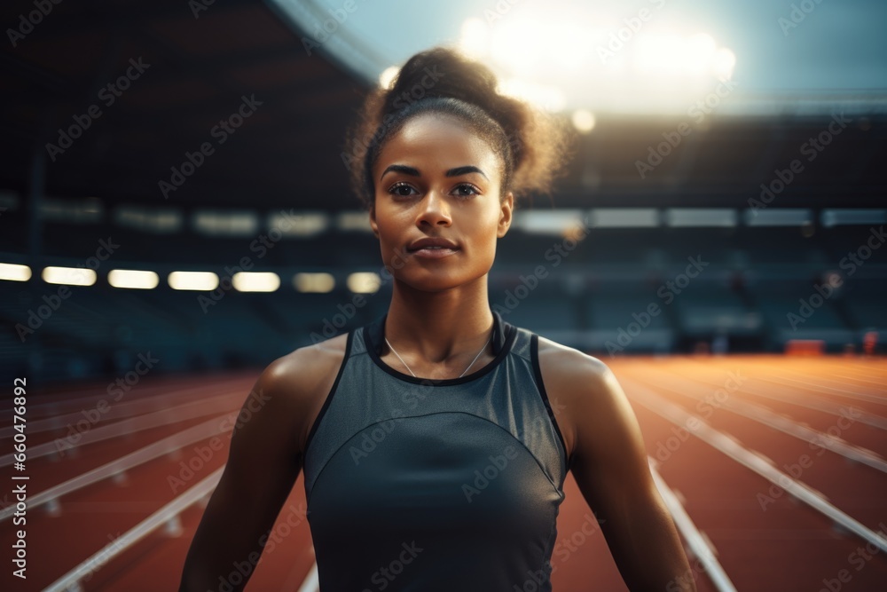 Portrait of a young fit and athletic woman on running tracks in a stadium - obrazy, fototapety, plakaty 