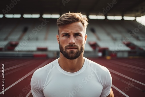 Portrait of a young fit and athletic man on running tracks in a stadium