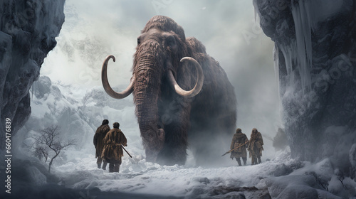 Caveman hunting woolly mammoth. ai generative photo