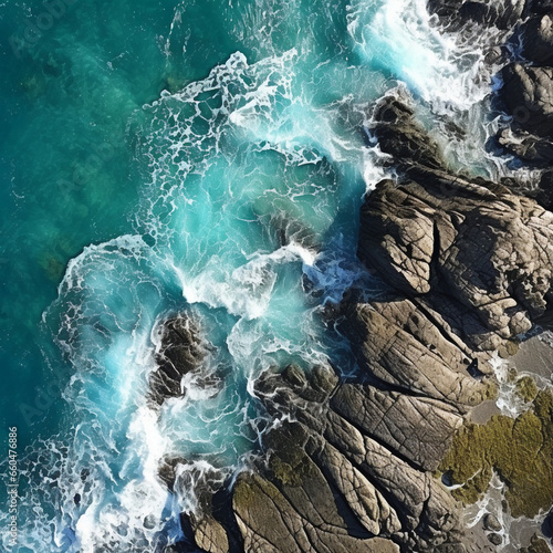top view of the ocean and rock, blue ocean waves crashing on the shore, Al Generation