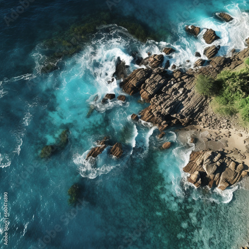 top view of the ocean and rock, blue ocean waves crashing on the shore, Al Generation