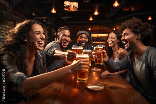 group of people cheering and drinking beer at bar pub table