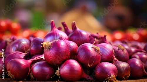 Selective focus image of fresh red onions for sale at an outdoor market in Bucharest Romania