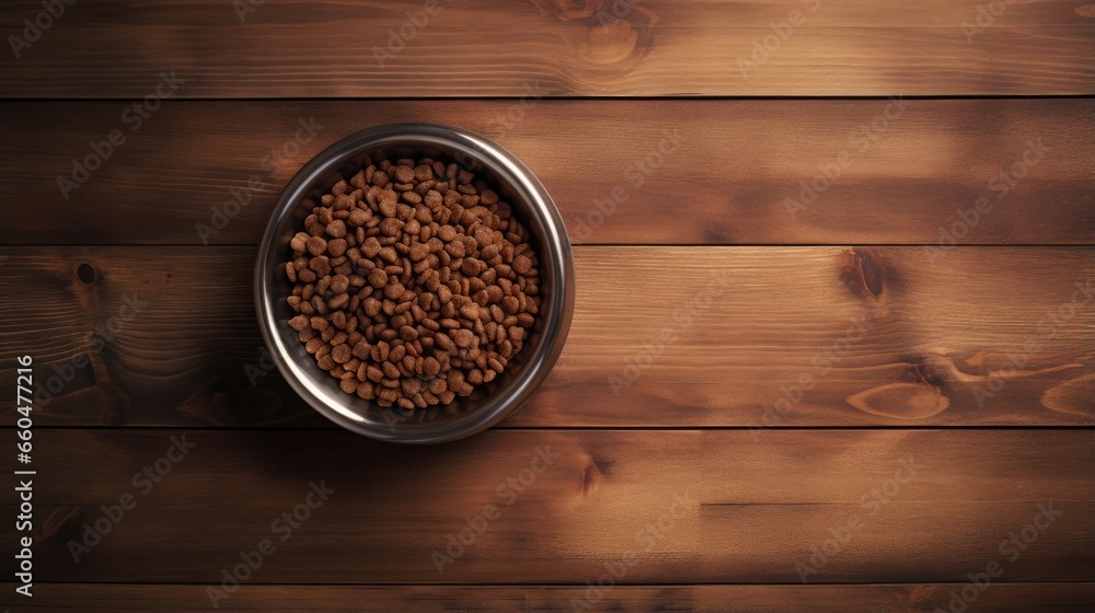 Top view of pet food in bowl on wooden table Top view of pet food in bowl on wooden table