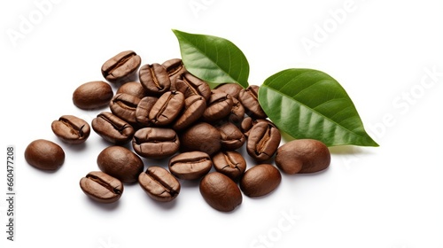 White background with isolated organic coffee beans and leaves