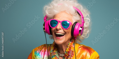 Studio portrait of an eccentric elderly woman listening to music on headphones. ai generative