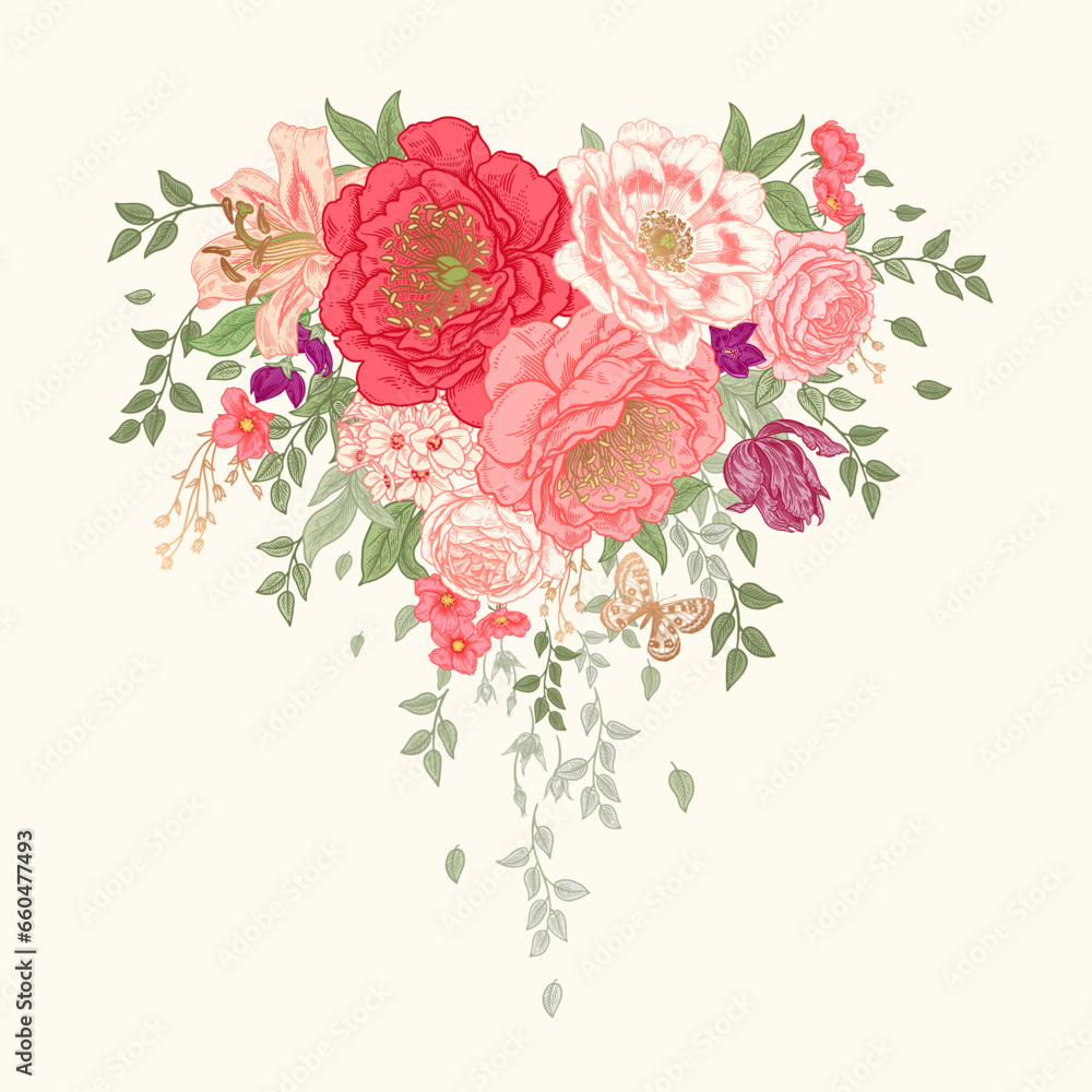 Floral Garland and butterfly. Wedding Flower Decoration heart shaped. Vector. Vintage