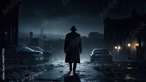 Noir style male detective coat hat rain night street silhouette