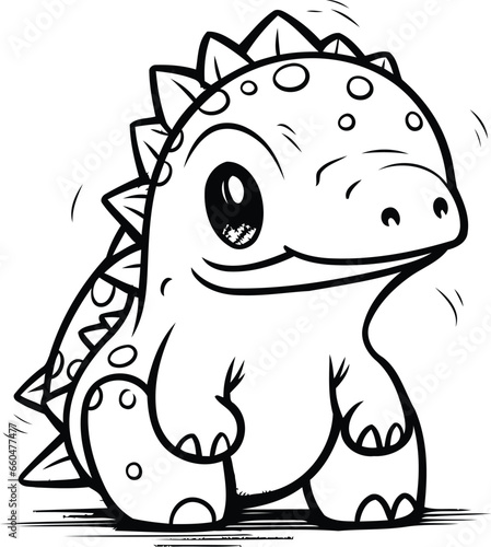 A cartoon illustration of a little dinosaur looking angry and pointing. Line art. © Waqar