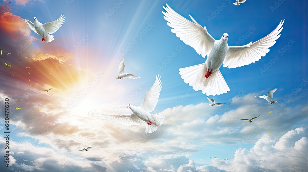 Rainbow and doves in sunny sky with blue background - obrazy, fototapety, plakaty 