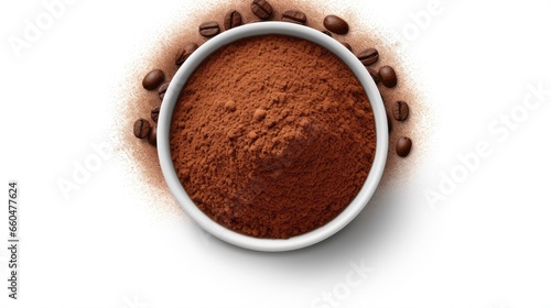 Top view of isolated bowl with coffee grounds and beans white background