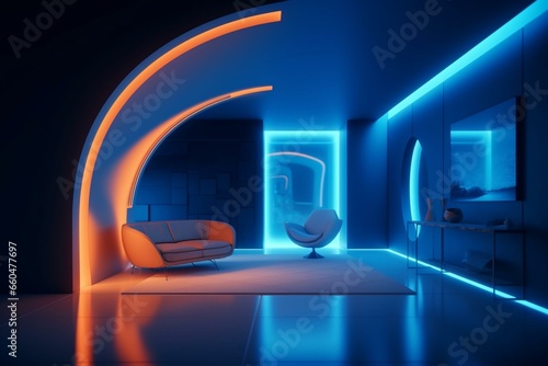Blue and orange futuristic interior, luxurious room with rounded shapes and gentle lighting. Generative AI