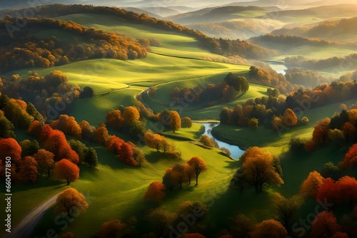 Generate an image of a serene countryside with rolling hills, vibrant meadows, and a winding river