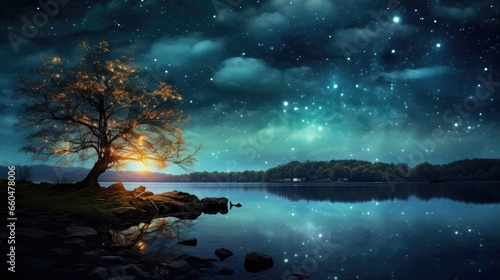 Night sky with lake and tree