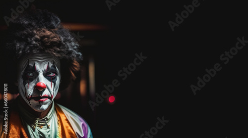 A portrait of an angry clown from a horror film. Halloween, carnival. Generative AI.