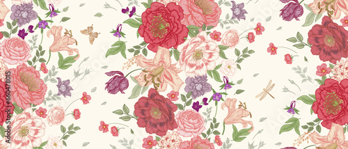 Seamless Floral Pattern. Luxurious Garden Flowers, Butterflies and Dragonflies. Vector. Vintage